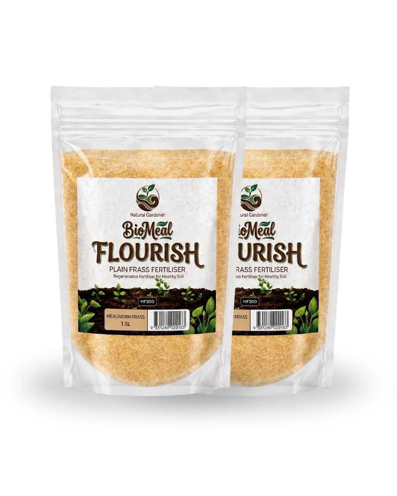 Two stand-up pouches of BioMeal Flourish plant fertilizer, showing the light brown granular contents through clear packaging, on a white background.