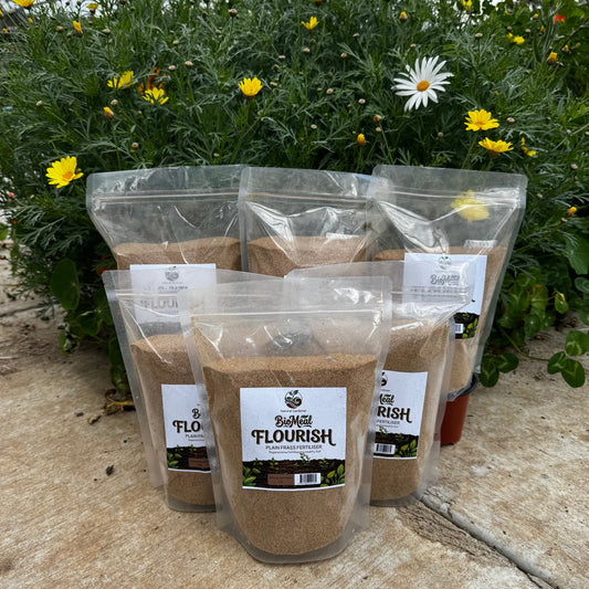 Five clear stand-up pouches of  Bio Meal Flourish Palin Frass Fertiliser bags.