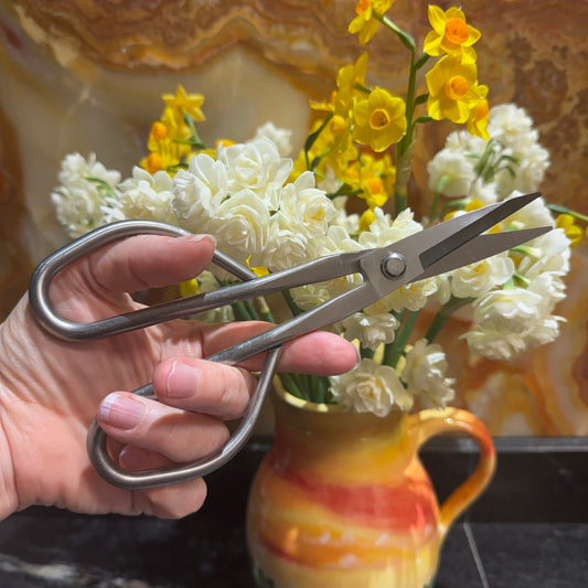 A hand holding a pair of large silver metal shears in front of a vase of white flowers and yellow daffodils, with a marbled stone wall in the background.