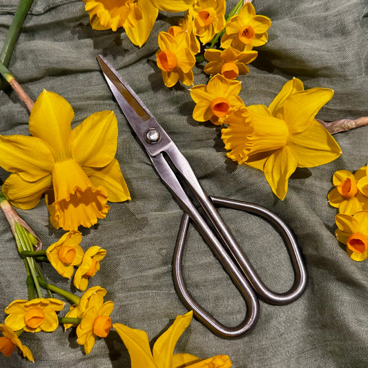 A pair of metal pruning shears with a matte silver finish, arranged on a textured olive green fabric and surrounded by bright yellow daffodils.