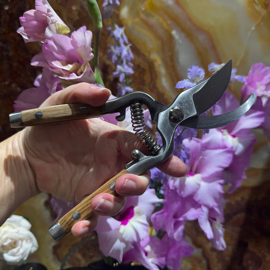 A hand holding a pair of pruning shears with wooden handles and silver metal blades, set against a background of pink flowers and a brown agate slab.