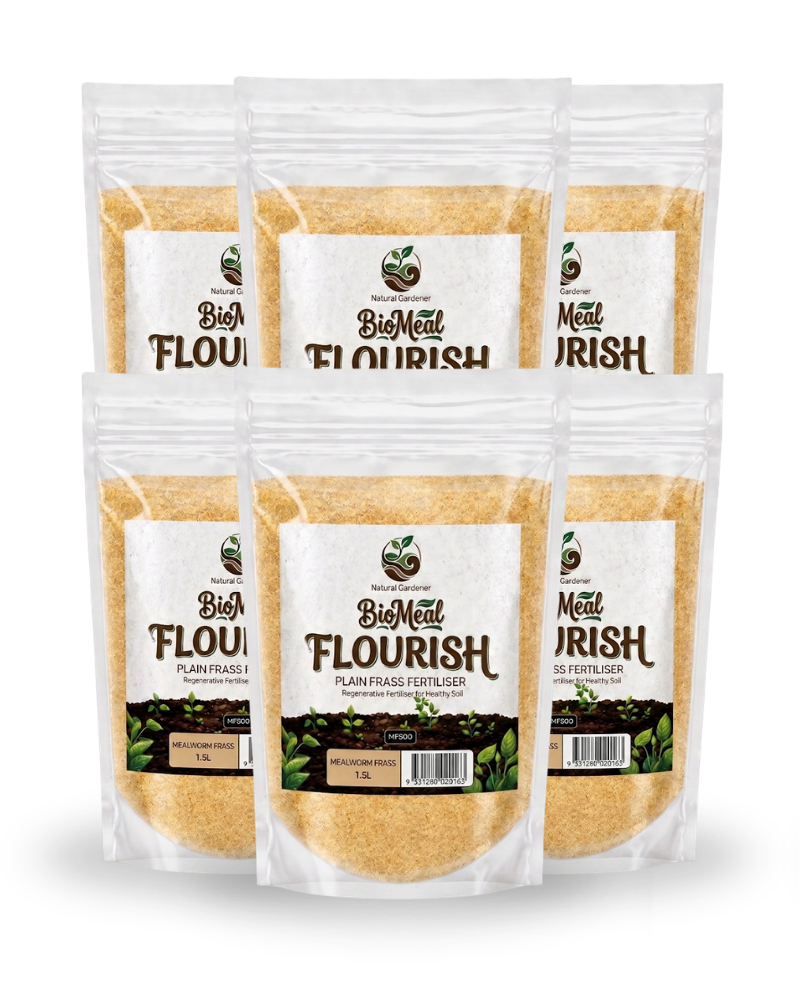 Six stand-up pouches of BigMeal Flourish Plant-Based Flour arranged in two rows on a white background. 
