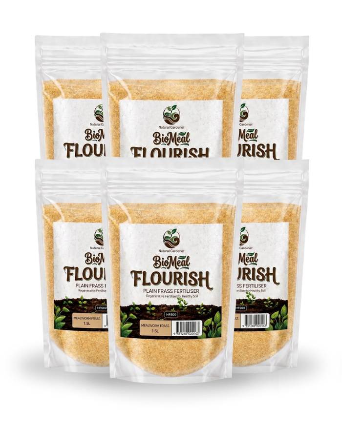 Six stand-up pouches of BigMeal Flourish Plant-Based Flour arranged in two rows on a white background. 