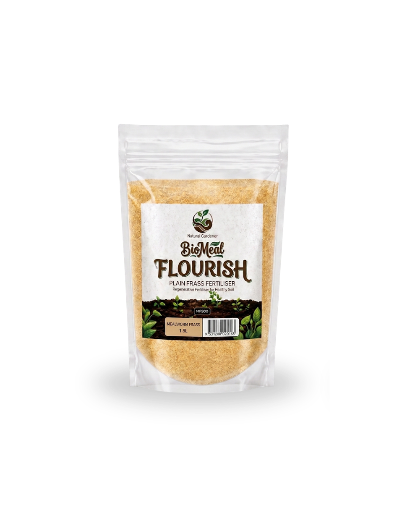 A 1 kg stand-up pouch of BioMelt Flourish Plant Based Fertilizer, containing golden-brown granules, shown on a clean white background.