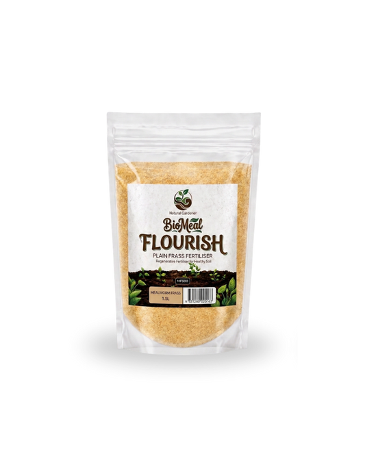 A 1 kg stand-up pouch of BioMelt Flourish Plant Based Fertilizer, containing golden-brown granules, shown on a clean white background.
