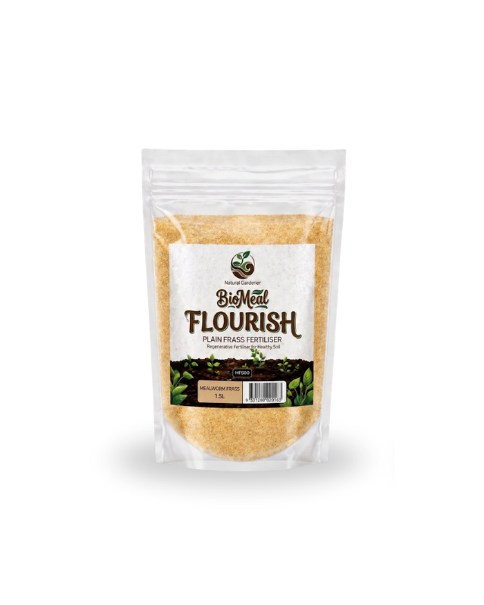 A 1 kg stand-up pouch of BioMelt Flourish Plant Based Fertilizer, containing golden-brown granules, shown on a clean white background.